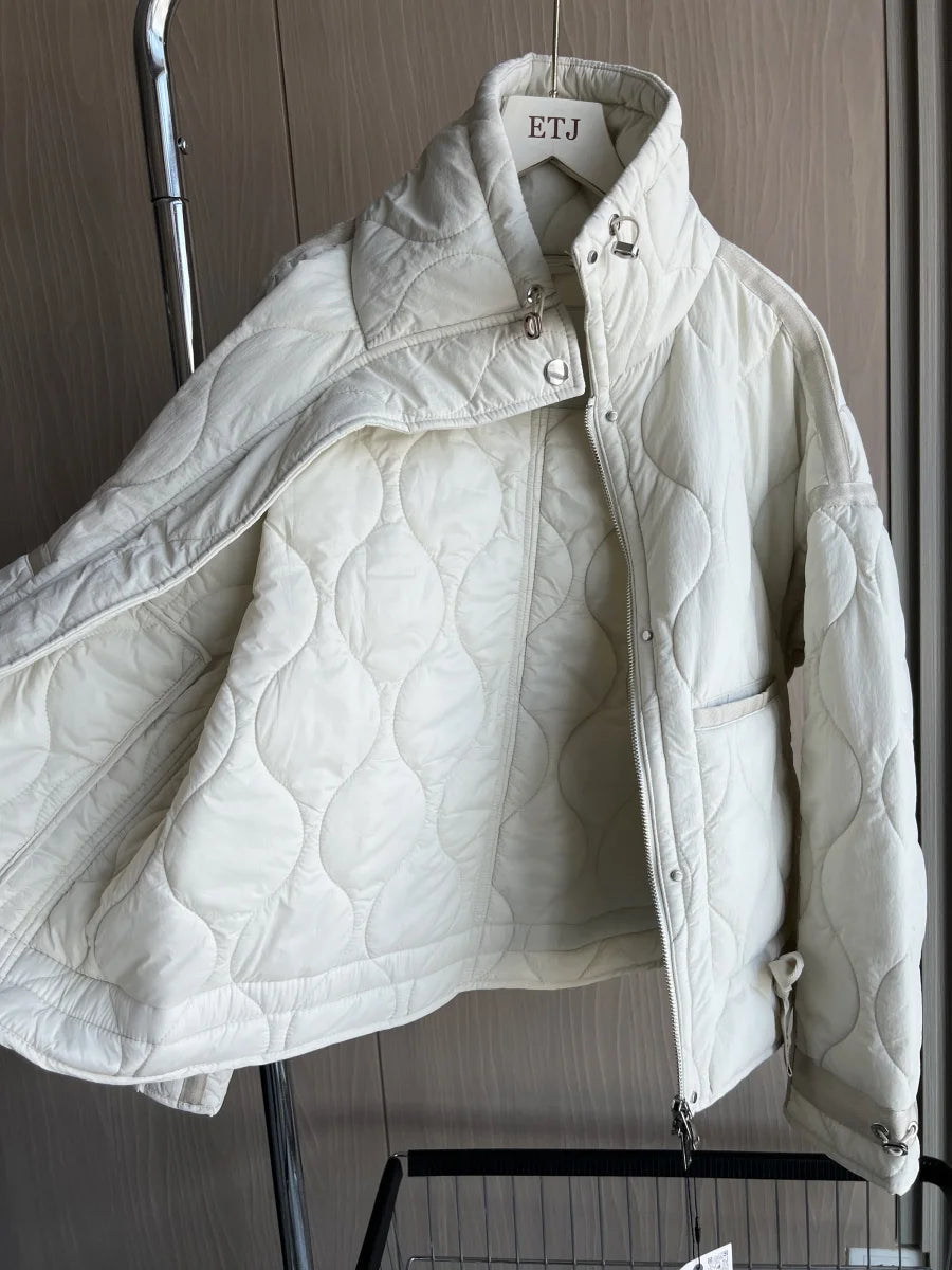 Women's Quilted Coat™ drawstring ties high neck pocket clip cotton jacket for women