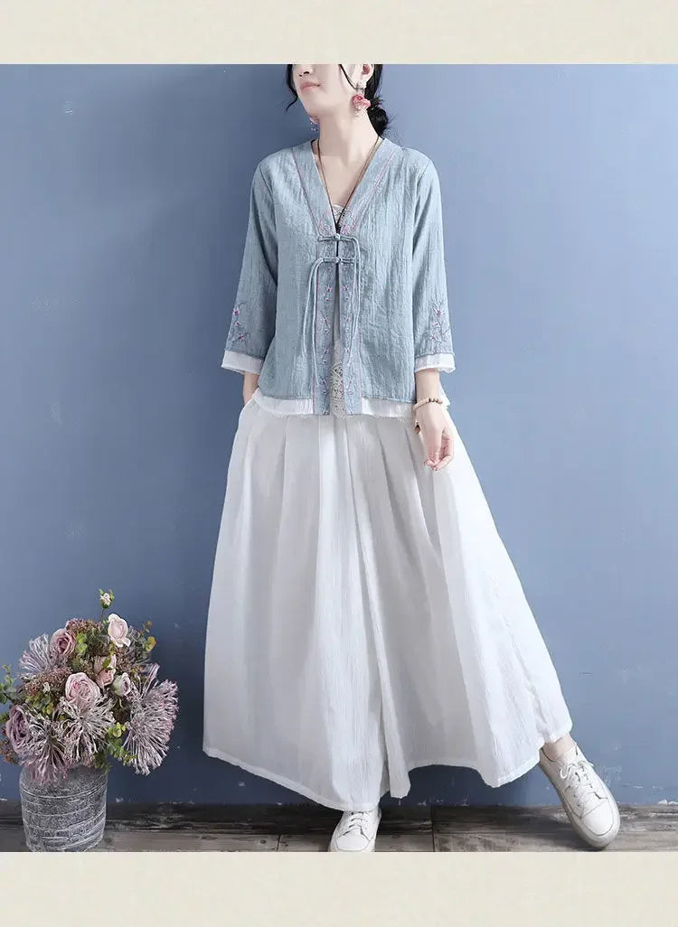 Women's V-neck Cotton Cable Knit T-shirt™ Double Button Seven Half Sleeve Vintage Cardigan