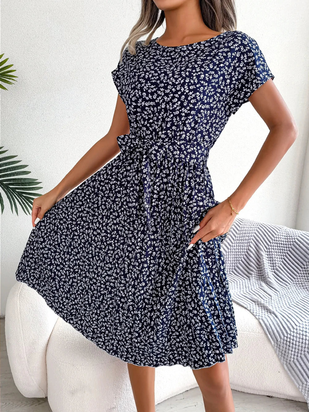 Women Dresses™ Spring Summer Short Sleeve High Waist Floral Pleated A Line Long Dress