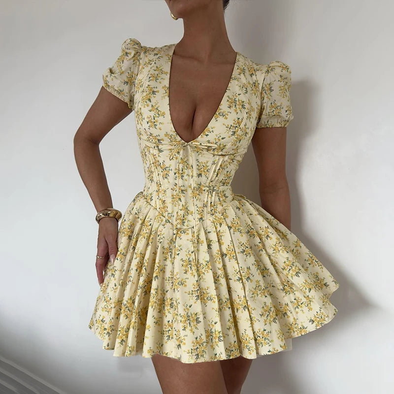 Women's Elegant Retro Print Y2K Dress™ Short sleeved Ruffled Aesthetic Dress