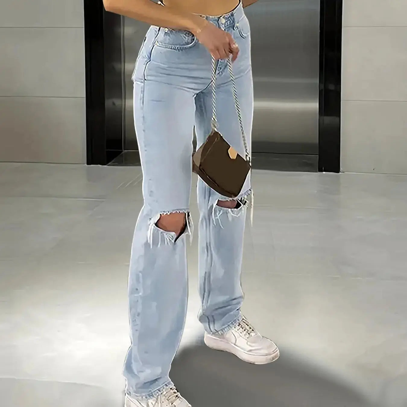 Women's High-Waisted Straight-Leg Jeans™ Light Blue Denim Pants With Rips