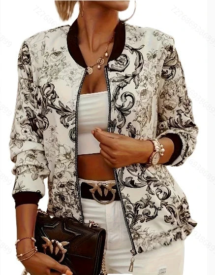 Women's Floral Print Bomber Jacket™ Zip Up Long Sleeve Outerwear