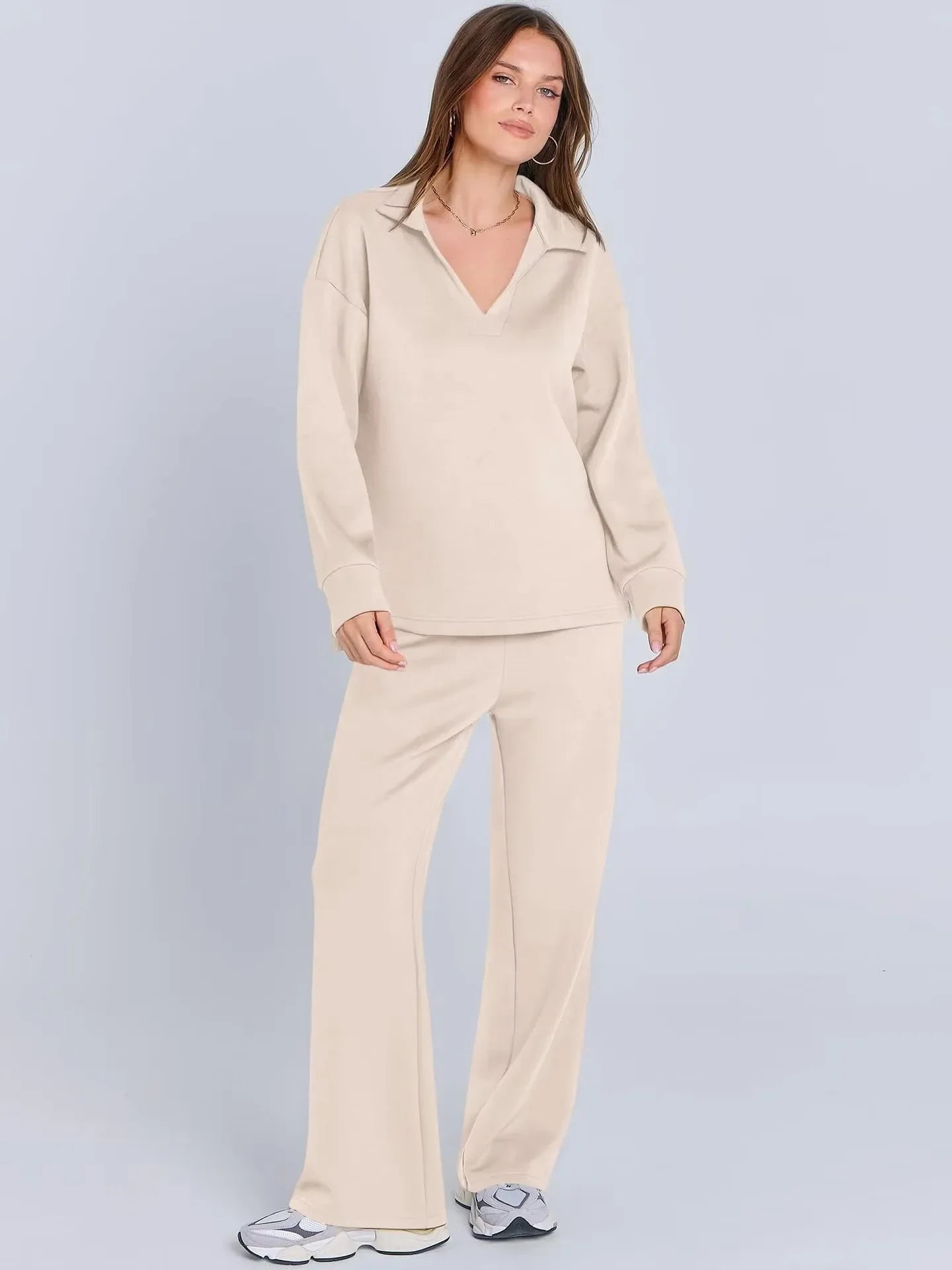 Women's 2 Piece Set™ Loose Long Sleeve V-Neck Top with Drawstring Elastic Waist Bell BottomsSet