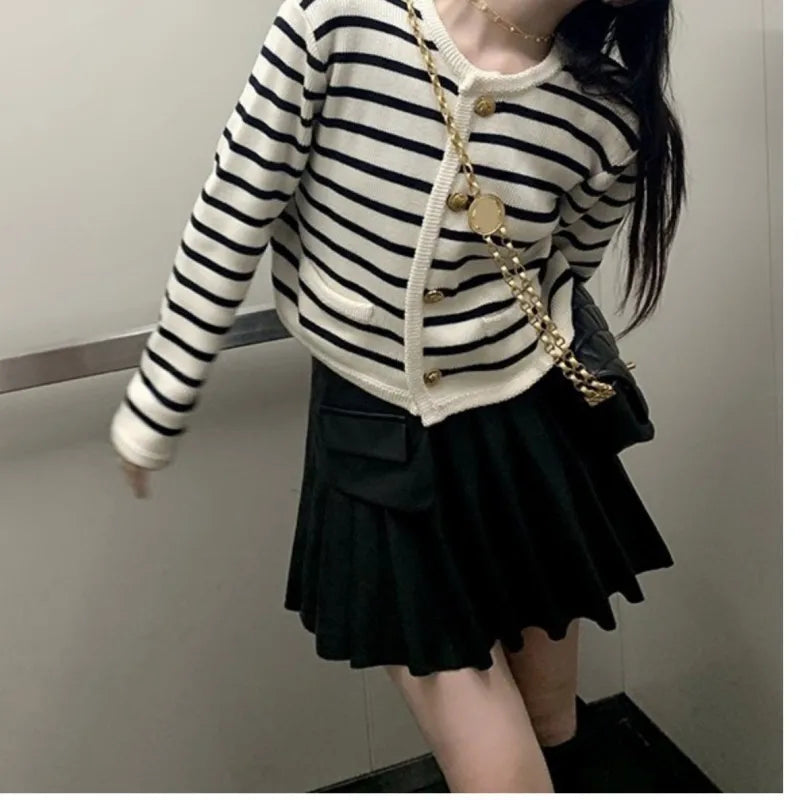 Women Stripe Knitted Cardigans Sweater™ O-neck Single Breasted Long Sleeve Sweaters