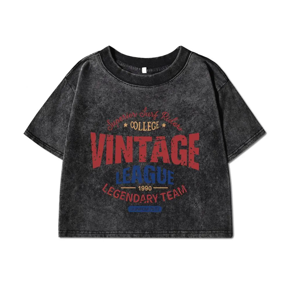 Women's Cotton Crop Washed T-Shirts™ Vintage League Letter Prints Short Sleeve Loose Tops