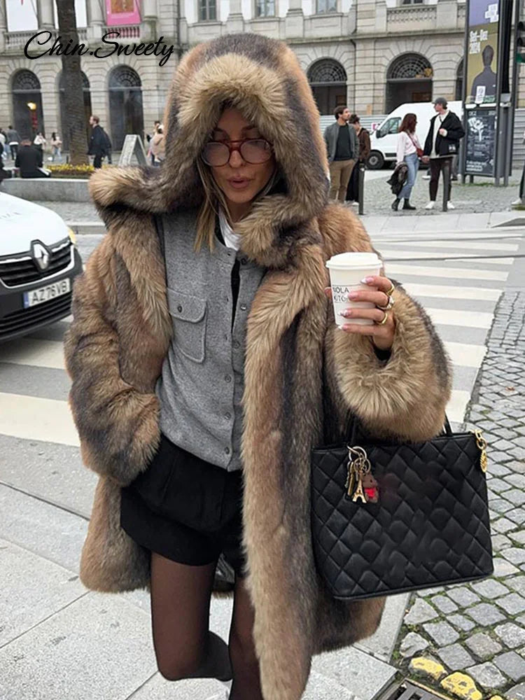 Women's Brown Faux Fur Hooded Coat™  Women Fluffy Loose Long Sleeve Furry Thick Warm Jacket