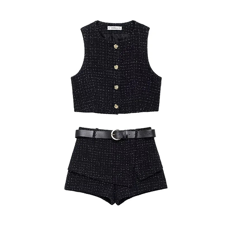 Women's Summer Suit™ Willshela Belt Shorts Tweed Vest Coat Two Piece Set Outfit