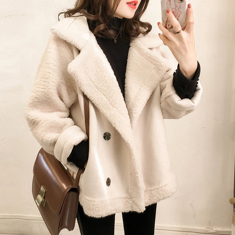 Woman's Lamb Wool Plush™ Shearling Long Sleeve Casual American Retro Short Jacket