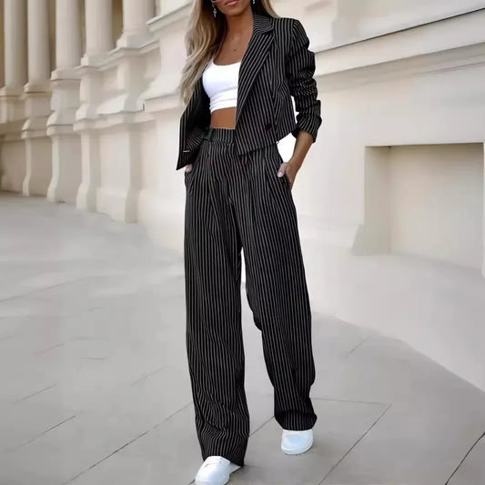 Women's Suit™  Europe and America Temperament Casual Striped Short Style Collar Suit Straight Leg Pants Set