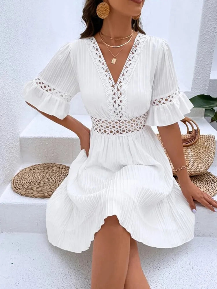 Women's Fashion Elegant Dress™ Ruffle Sleeve V-neck Woven Hollow White Simple Waist Dress