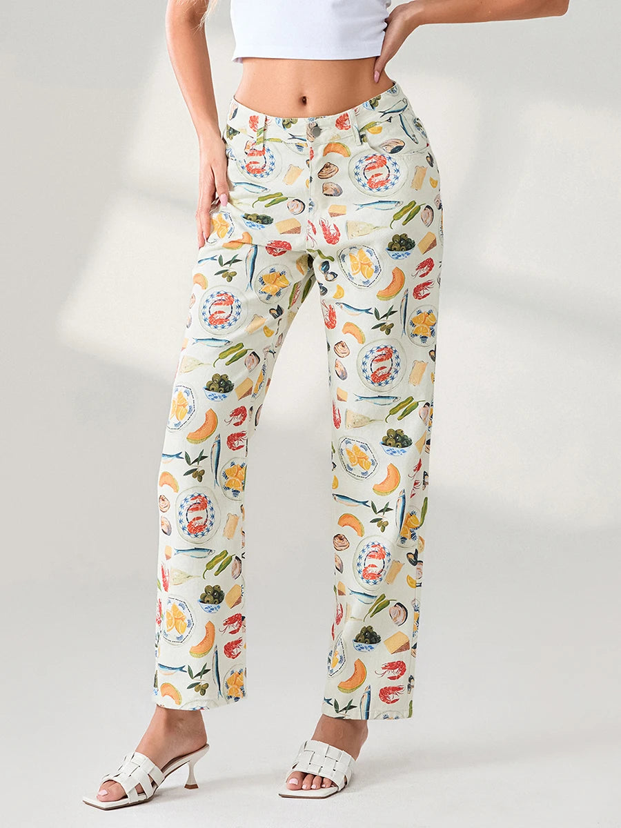 Women's Y2k Graphic Print Jeans™ Straight Leg Vintage Aesthetic Denim Pants
