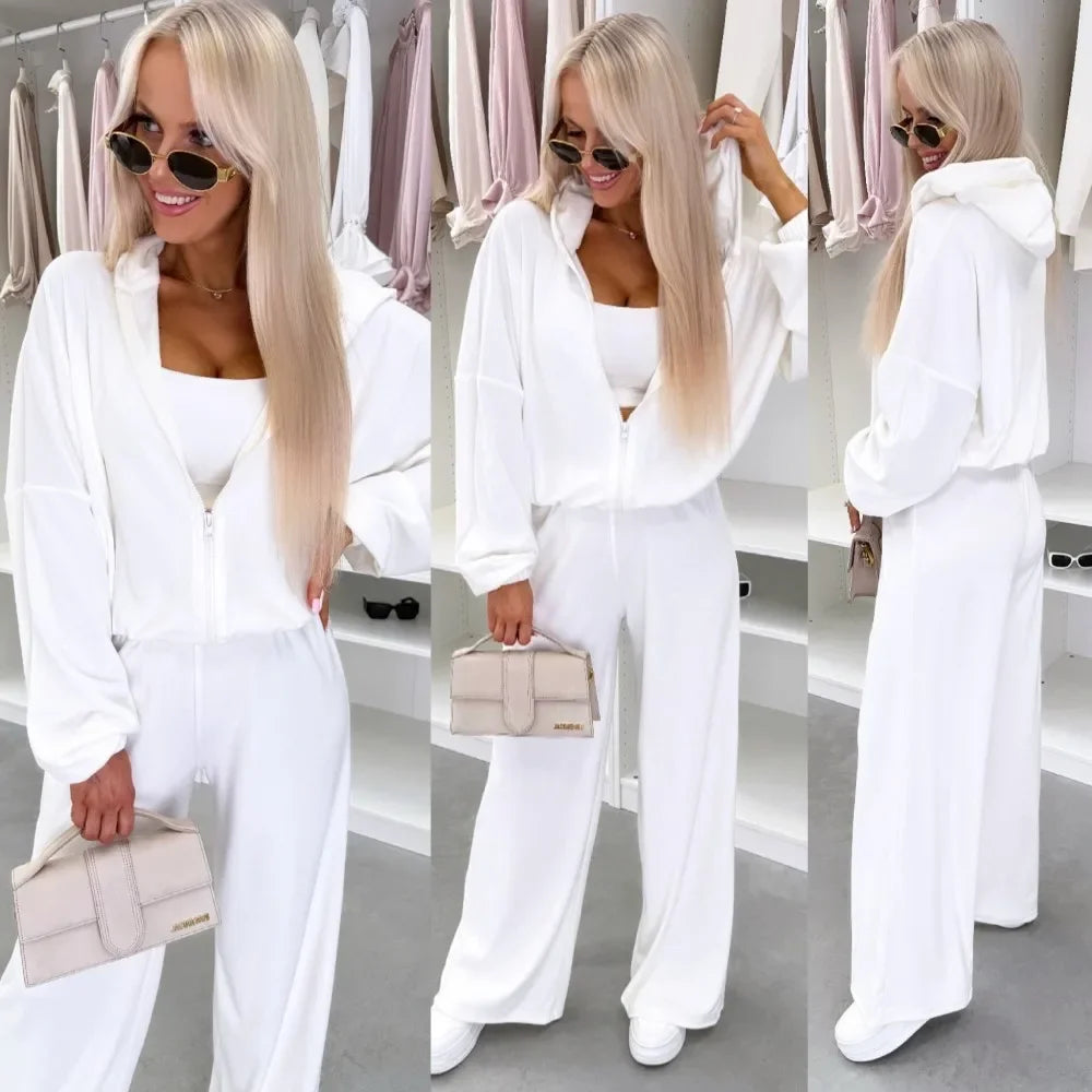 Women's  Casual Outfit™ Zipper Hooded Cardigan + Wide Leg Pants Two Piece Set