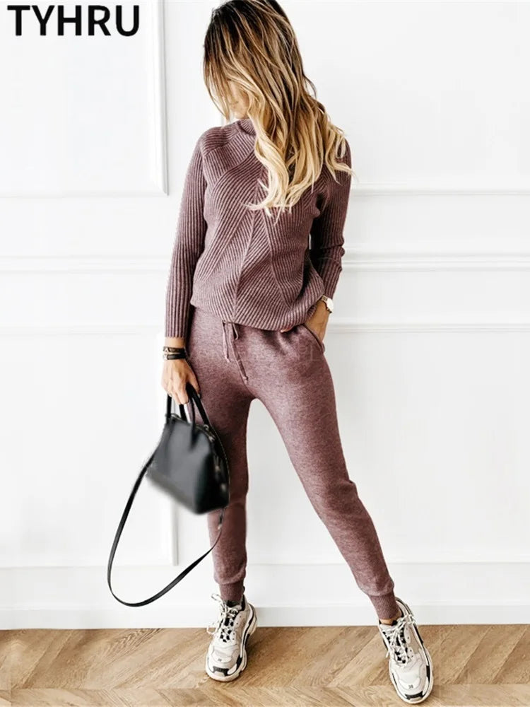 Women's tracksuit™ TYHRU Autumn Winter Knitted Striped Turtleneck Sweater and Elastic Trousers Set