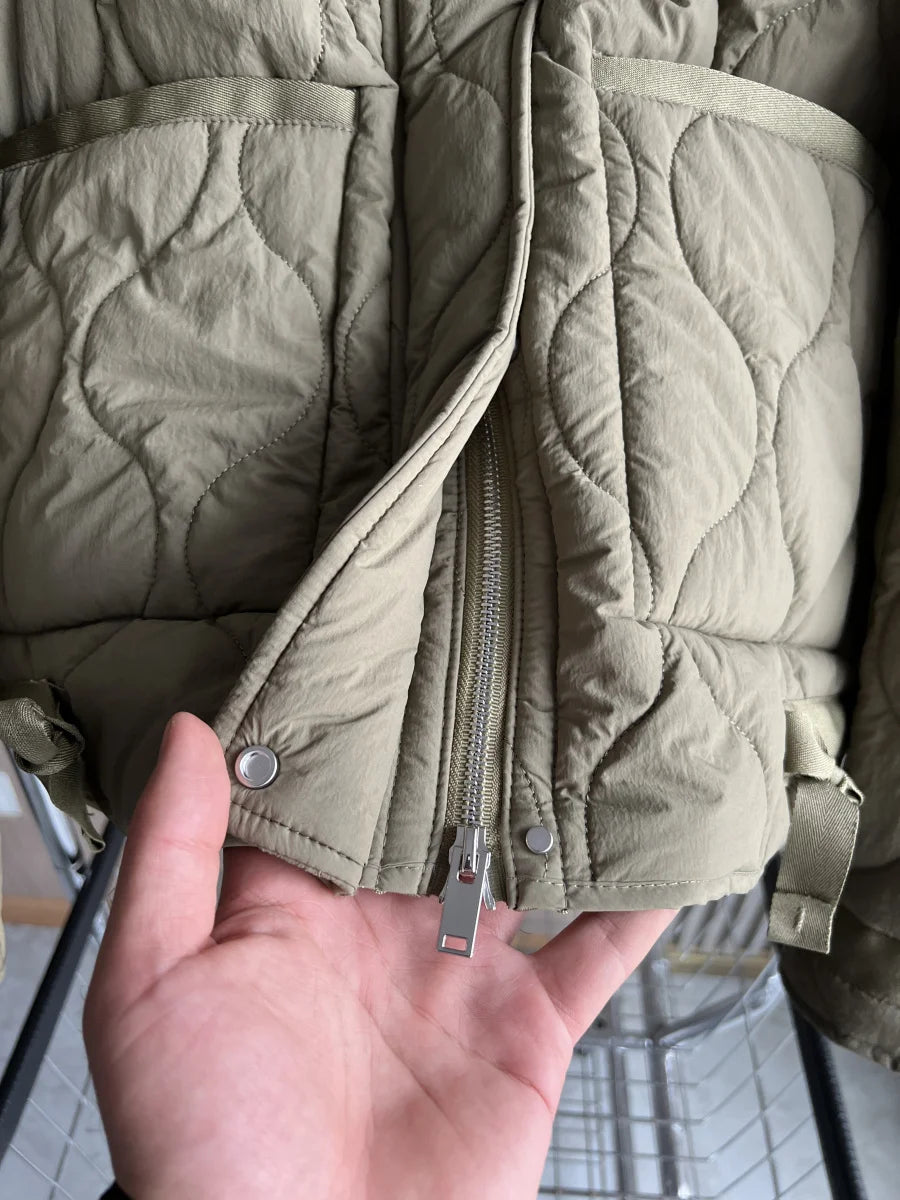 Women's Quilted Coat™ drawstring ties high neck pocket clip cotton jacket for women