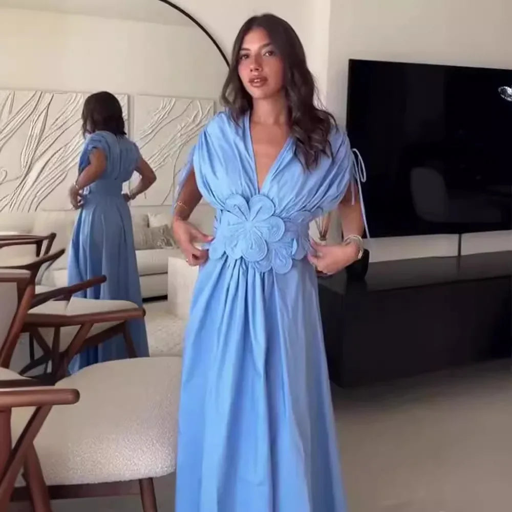 Women's V-Neck Blue Dress™ Waist-Fitted Bow-Decored Long Dress
