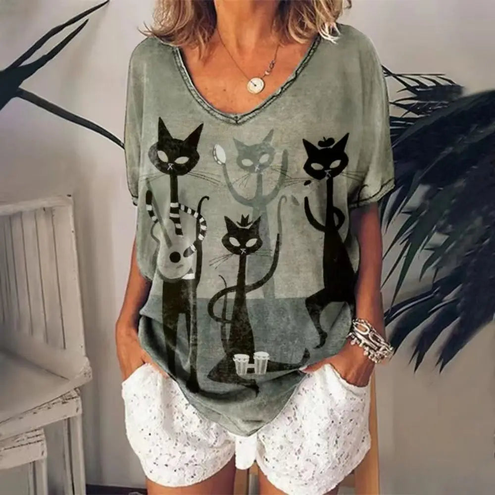 Women's Cartoon Cat Print T-shirt™ Summer Short Sleeve V-Neck Kawaii Fashion Tees