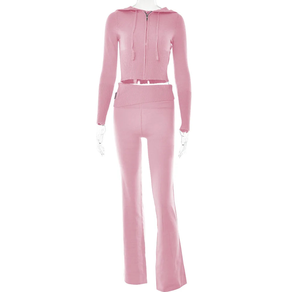 Women's Knitted Tracksuit™ Long Sleeve Zipper Hooded Sweater Crop Top Flare Pants Stretch Matching Suit Outfit