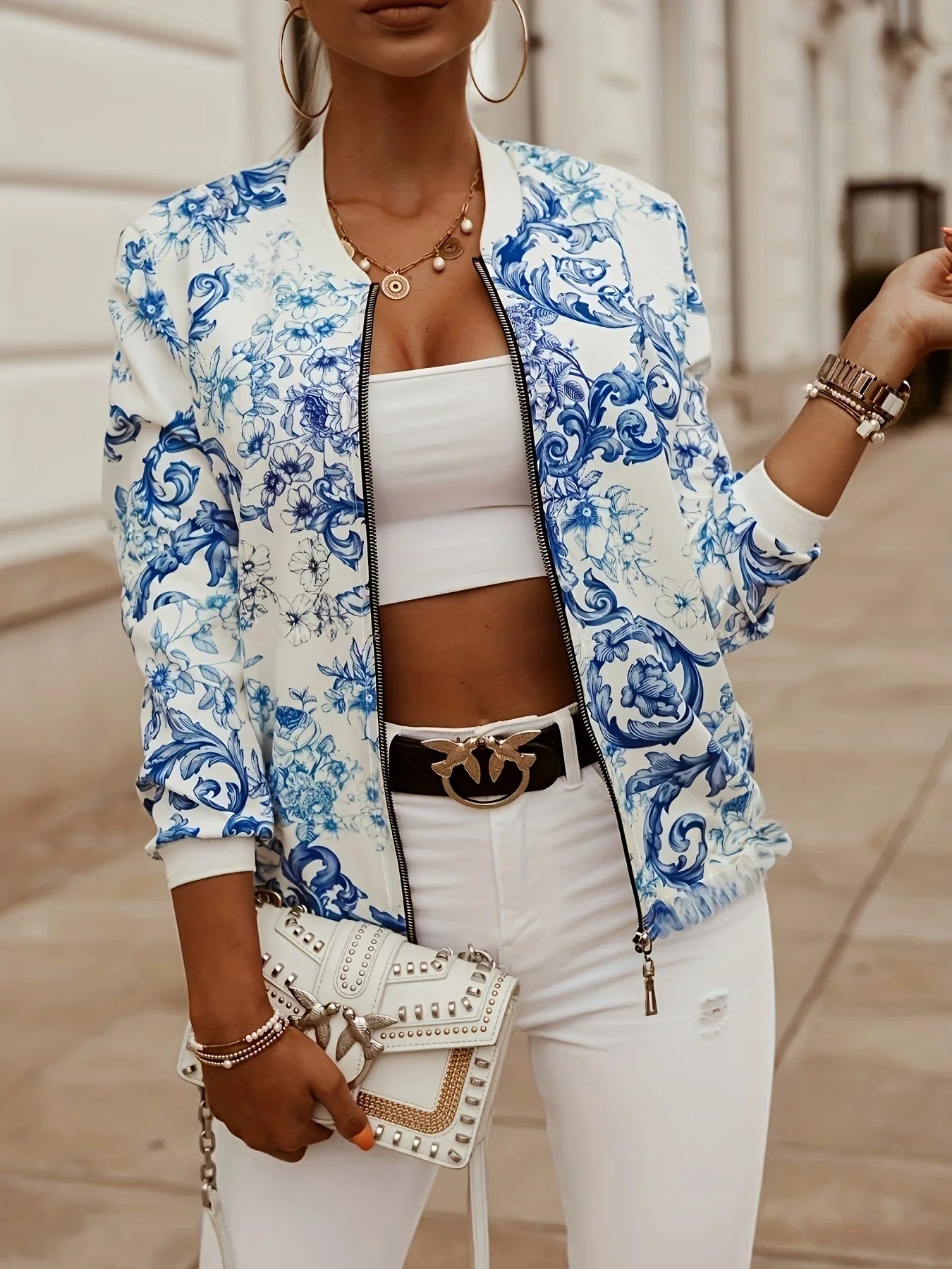 Women's Floral Print Bomber Jacket™ Zip Up Long Sleeve Outerwear