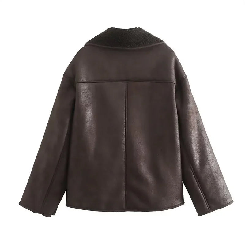 Women's Single Breasted Lapel Fleece Leather Jacket™ Long Sleeved With Pocket Warm Thick Coat