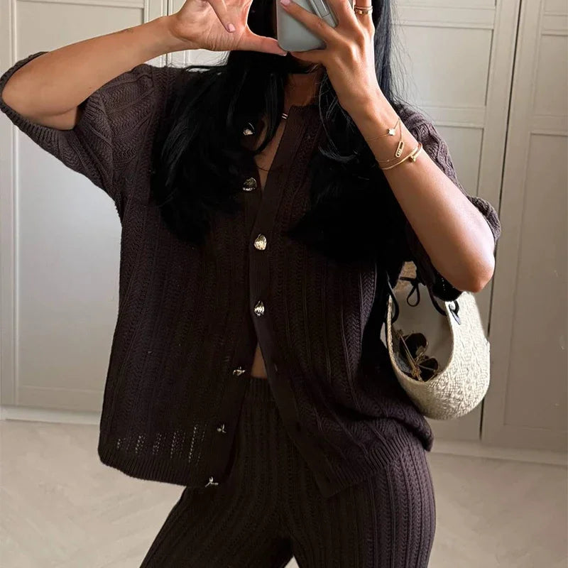 Women's Knitted Pants & Tops Set™ Turn Down Collar Half Sleeve Tops & Elastic Waist Straight Trousers Outfits