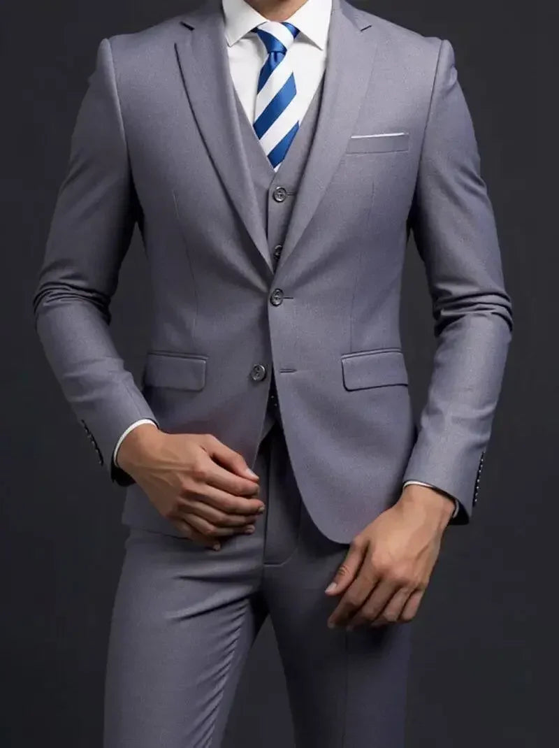Men's Suit (Blazer+ Vest + Trousers) British Style Solid-color Suit