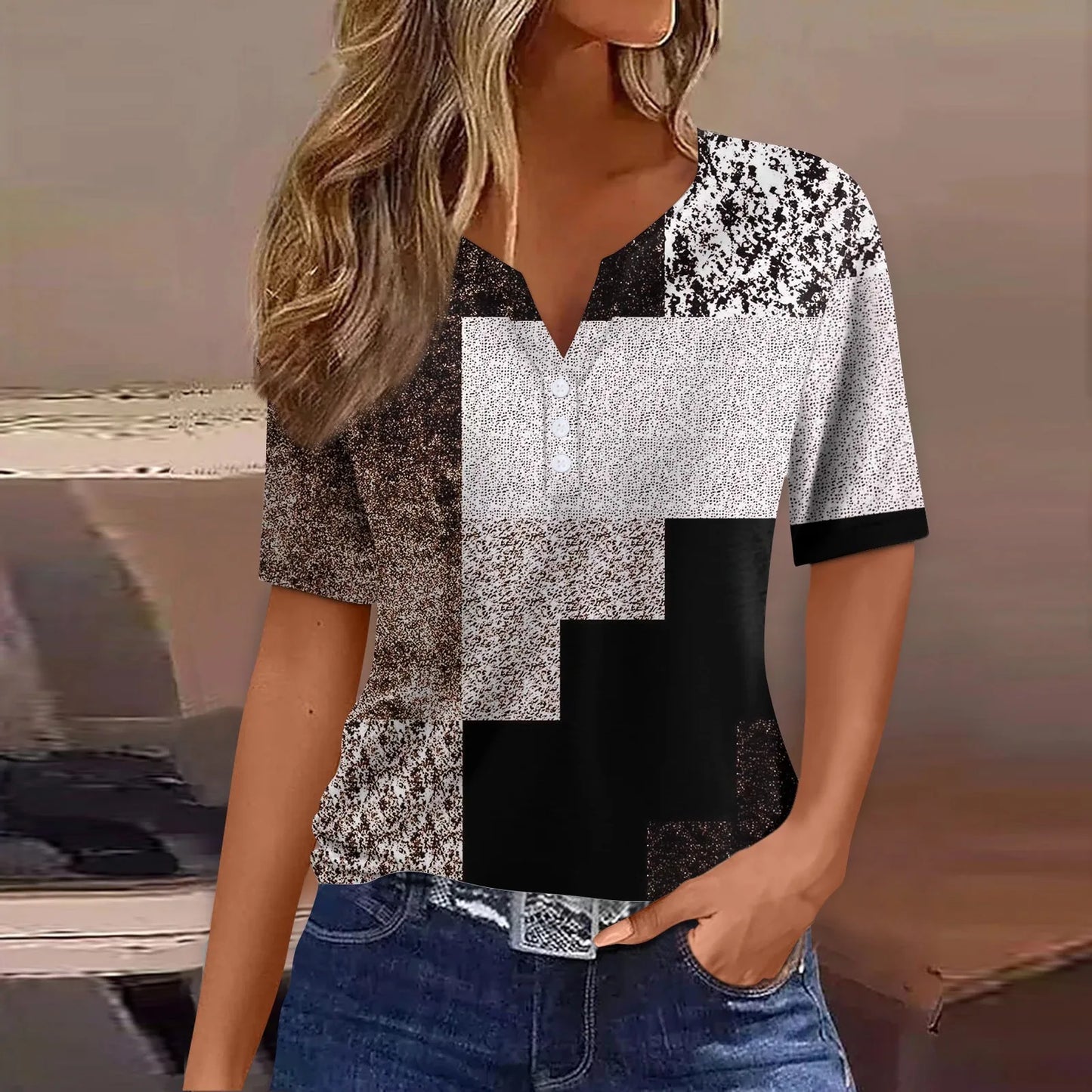 Women's Summer Patchwork T-Shirts™ Short Sleeve Loose Ladies V-Neck Tops