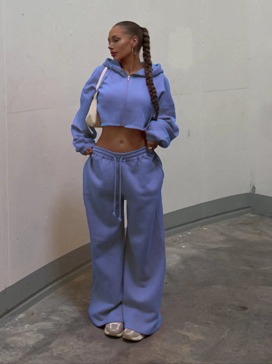 Women's Two Piece Set™ Zip Up Crop Drawstring Long Sleeve Hoodie &Drawstring Waist Sweatpant