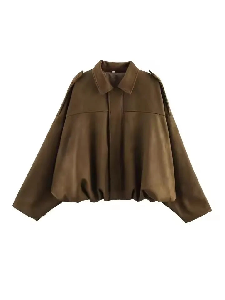 Women's Green Suede Jacket™ Spring Long Sleeve Zipper Oversize Bomber Outerwear