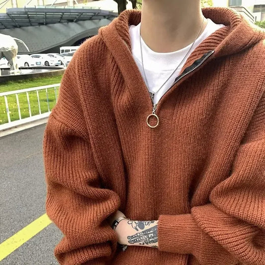 Men's Knitted Sweater™ Casual V-neck  Half-zip Loose Hooded Sweater