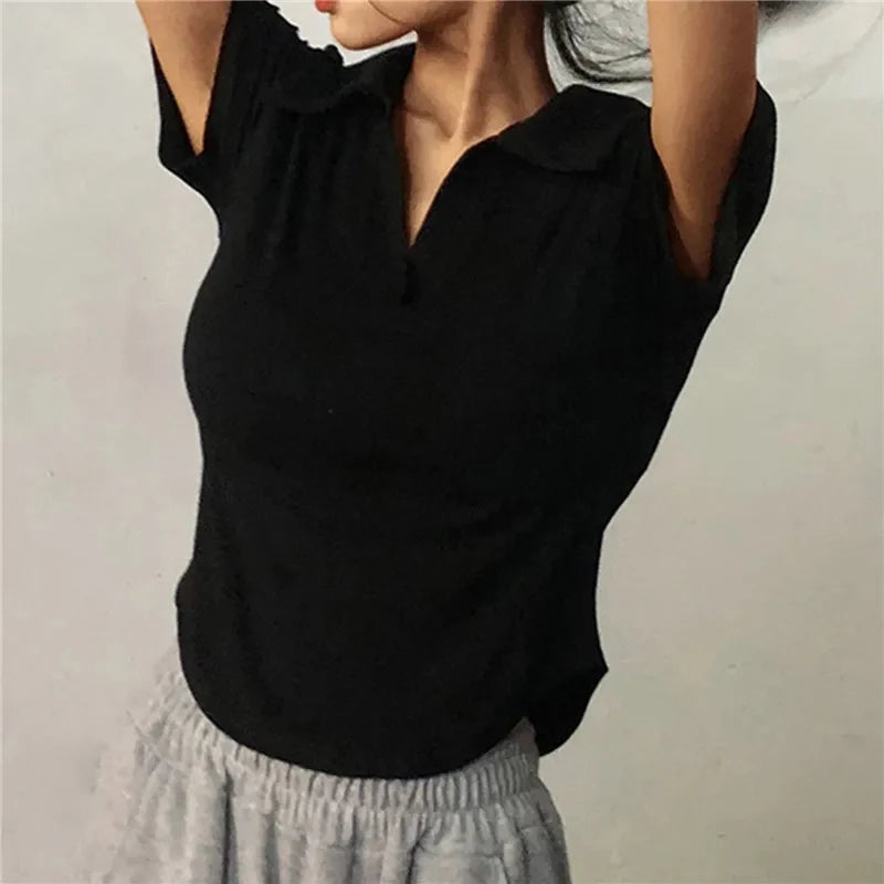 Women's Summer Short Sleeve Lapel Tops™ V-Neck Retro Slim Versatile Tee