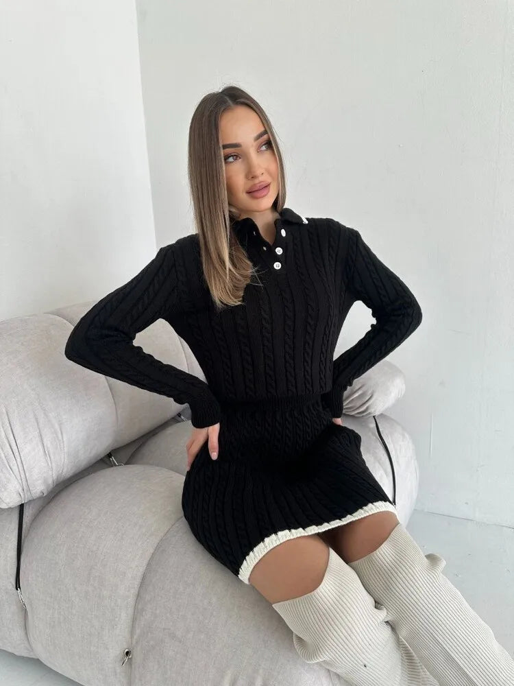 Women's Knitted Set™ Long Sleeve Lapel Buttons Knitting Sweater Short Skirt Sets