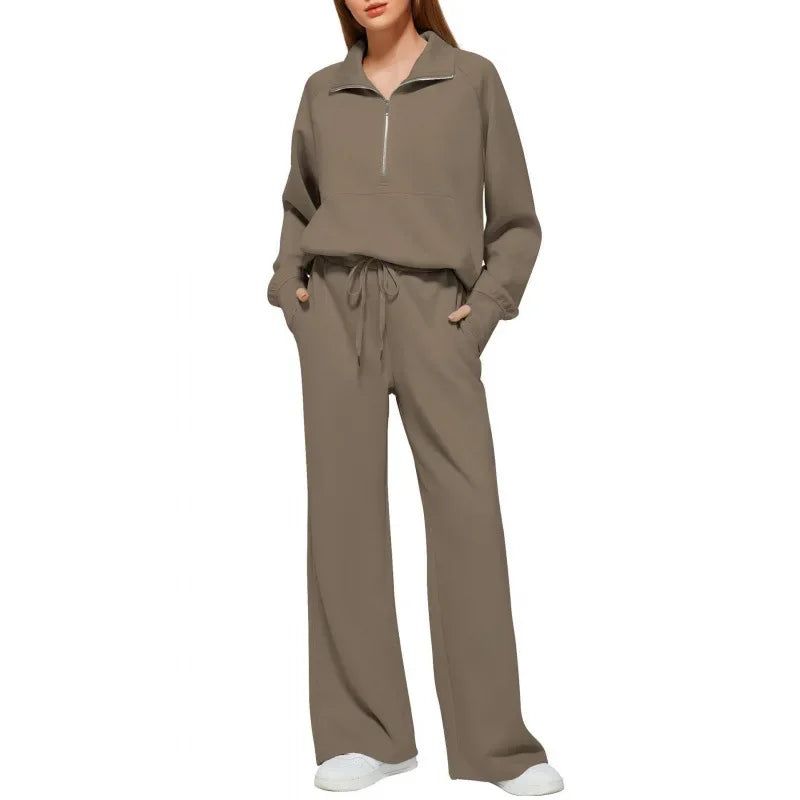 Women's European Style 2-Piece Set™ Zip Up Polo Shirt Wide Leg Sweatpants Casual Suit