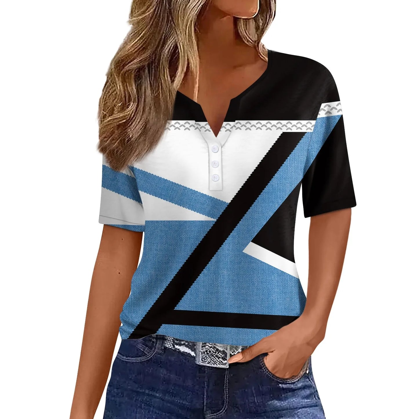 Women's Summer Patchwork T-Shirts™ Short Sleeve Loose Ladies V-Neck Tops