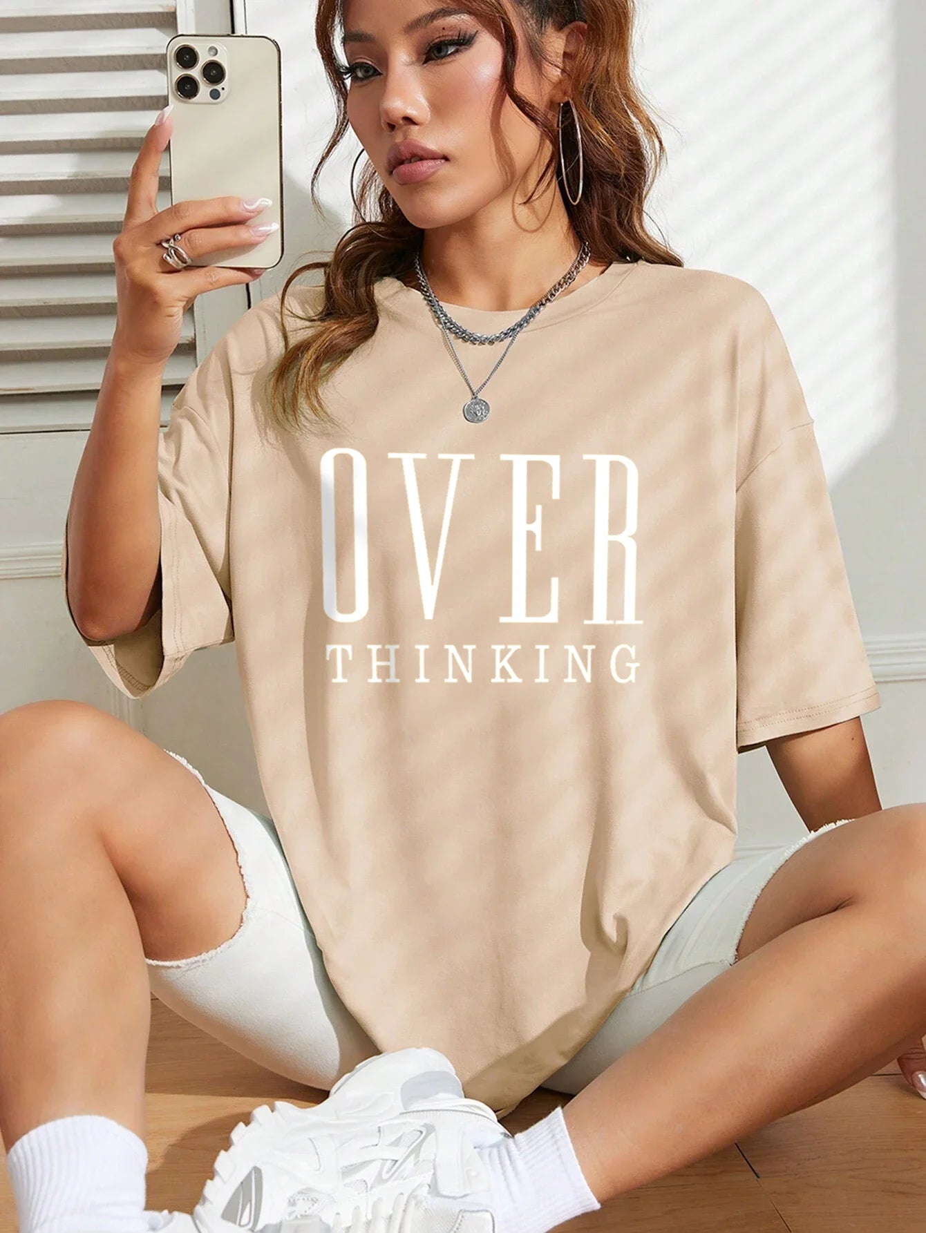 Over Thinking Letter Print Women's Cotton Short Sleeve Vintage T-shirt™ Breathable O-Neck T-Shirts