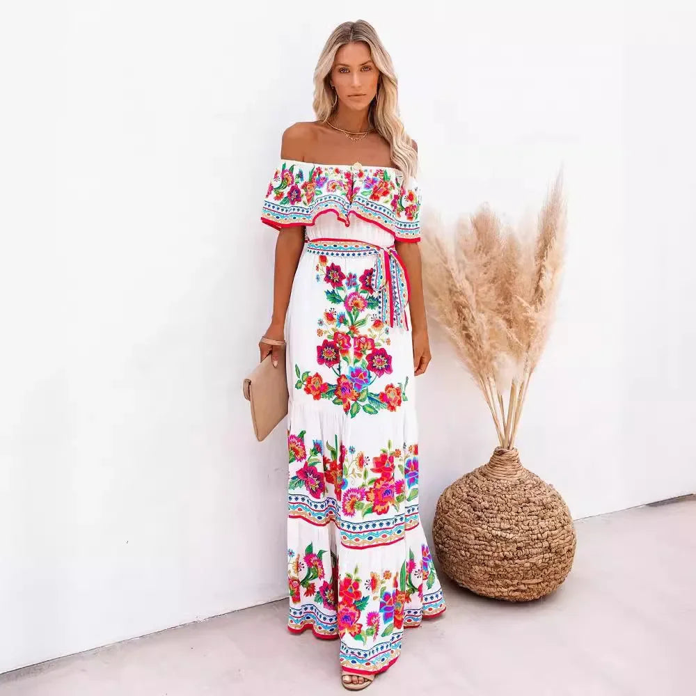 Women's Spring Summer Dresses™ Stand Off-shoulder Red Flower Printing Long Oversized Wide Hemline Sleeveless Dress