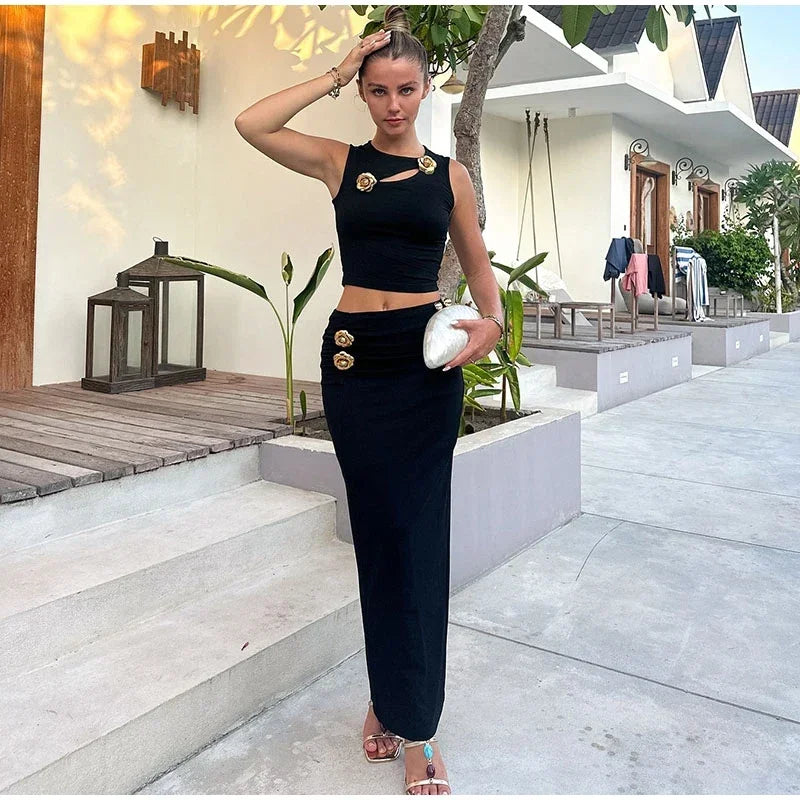 Women's Flower Hollow Out Suit™ Women Top Slim Sleeveless Tank High Waist Hip Package Skirt Suit