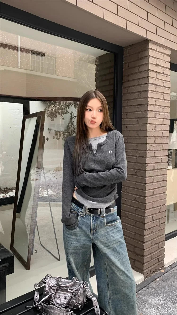 Women's T-Shirt™ Long Sleeves Korean Fashion Style O-neck Fake two items T-shirt