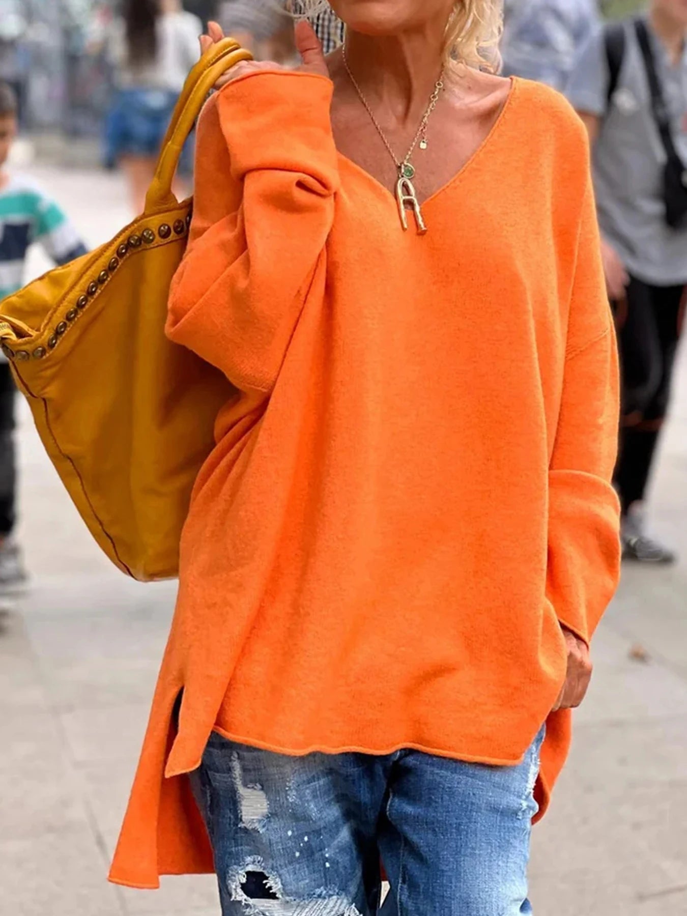 Women's Dipped Hem Sweater™ V Neck Knit Long Sleeve Oversized Loose Sweater