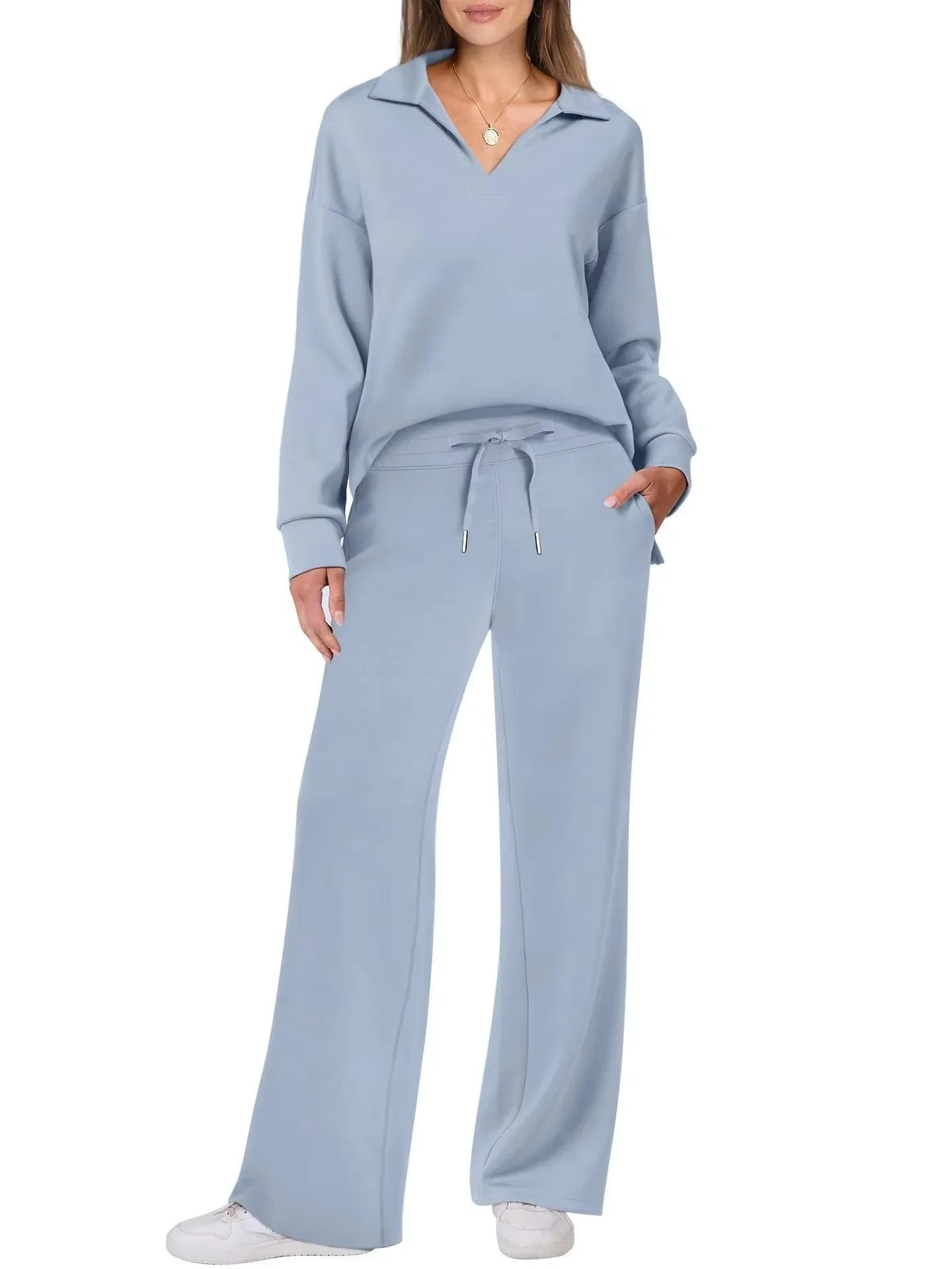 Women's 2 Piece Set™ Loose Long Sleeve V-Neck Top with Drawstring Elastic Waist Bell BottomsSet