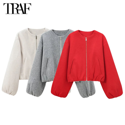 Women's Zipper Bomber Jackets™ TRAF Soft Cropped Long Sleeve Sports Jacket