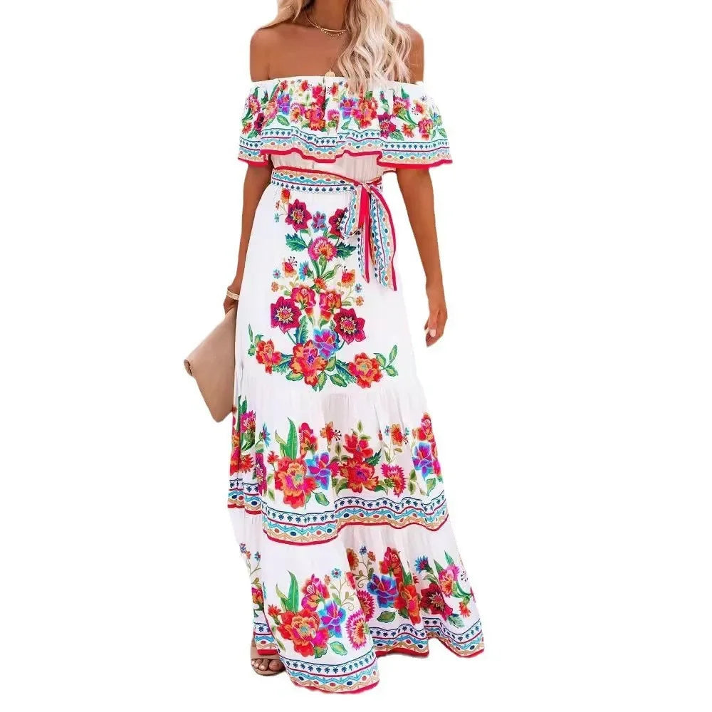 Women's Spring Summer Dresses™ Stand Off-shoulder Red Flower Printing Long Oversized Wide Hemline Sleeveless Dress