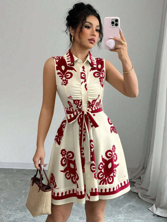 Women 's Strapless Floral Print Dress™ Sleeveless Swing Belted Waist Dress