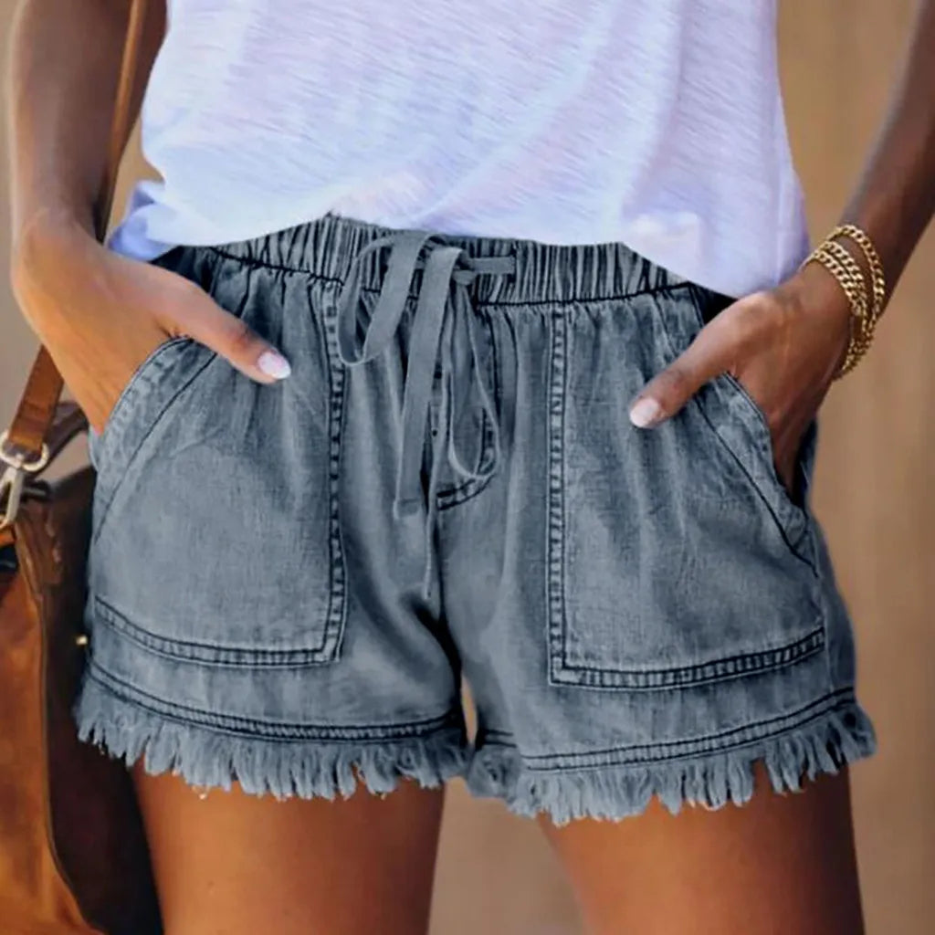 Women's Denim Shorts™ Drawstring Elastic Waisted Pocket Tassel Hem Soft Summer Shorts