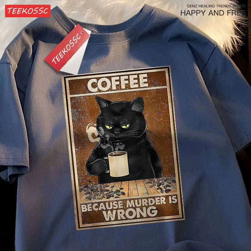 Men & Women Oversized T Shirts™ Black Cat Drink Coffee Cotton Streetwear T-Shirt