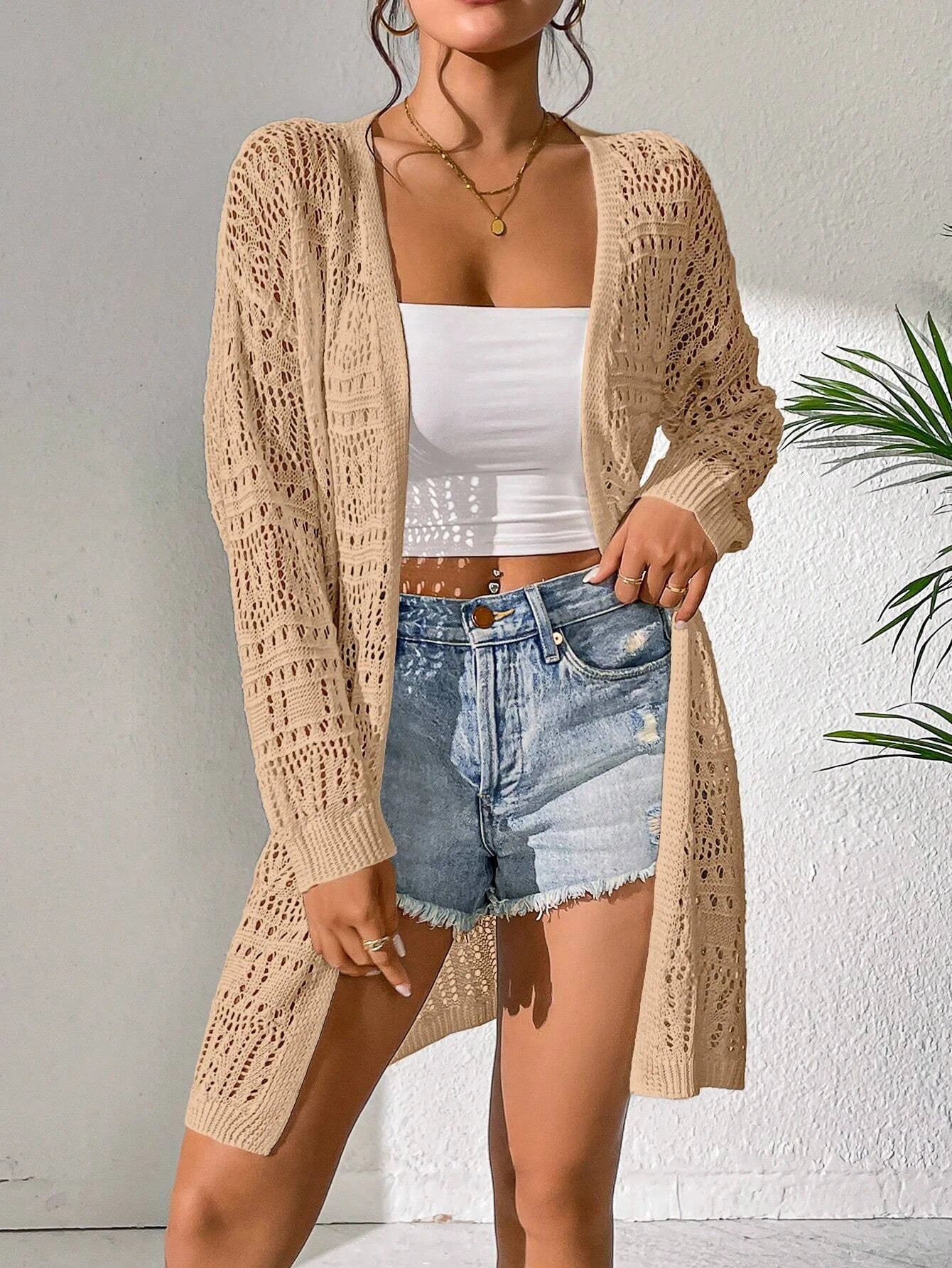 Women's solid color knitted cardigan sweater™ loose fitting fashion mid length cardigan
