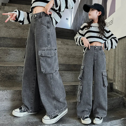 Girls Cargo Jeans™ Children Spring Korean Fashion  Multi-Pocket Loose Straight Denim Baggy Trousers
