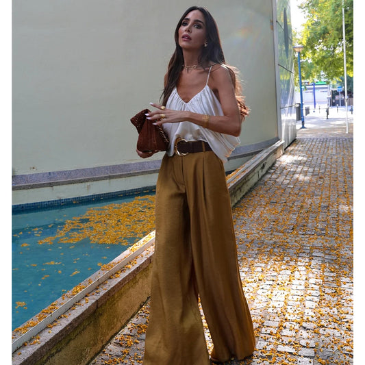 Women's Solid Color Belt Satin Pants™ Textured Wide Leg Casual Pants