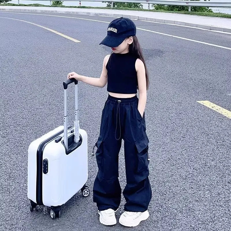 Girls Casual Cargo Pants™ Children Vintage Elastic Waist Baggy Cargo Trousers