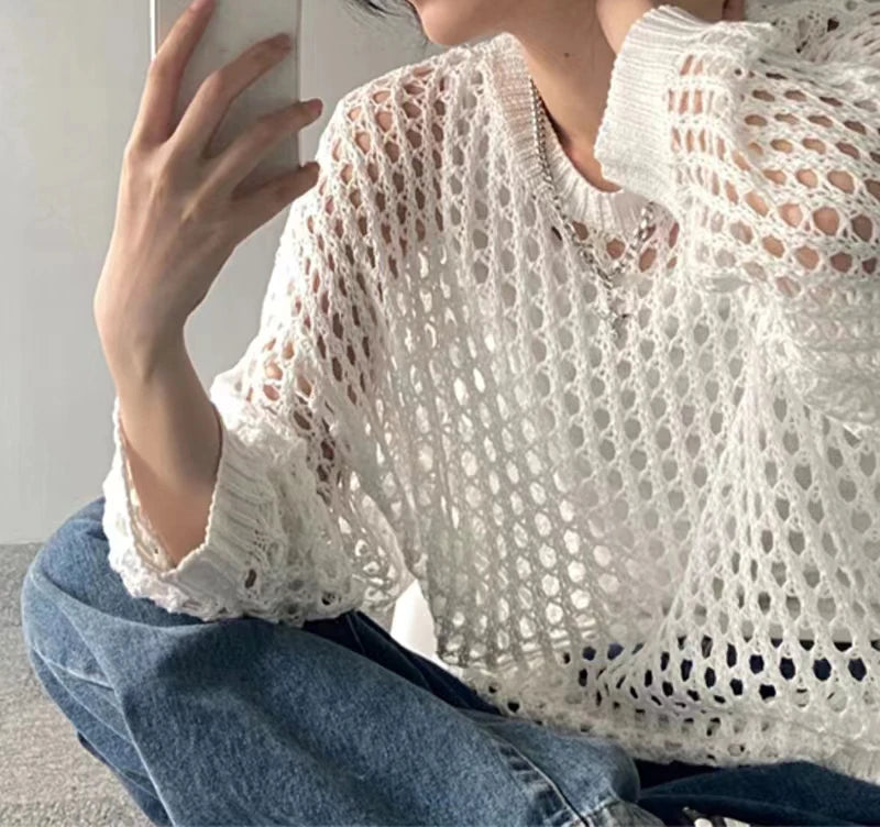 HELIAR Women's Hollow Out T-shirts™ Long Sleeve O-Neck Loose Casual Knit Sweater