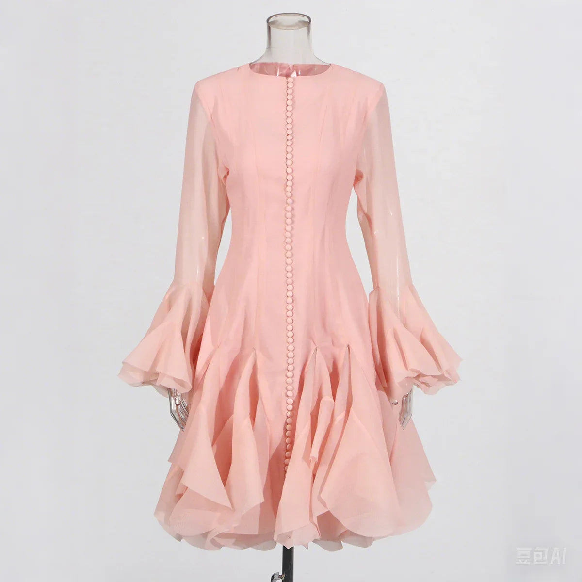 Women's Dress™ VGH Sweet Ruffles Elegant Knee Length Round Neck Flare Sleeve High Waist Spliced Button Dress